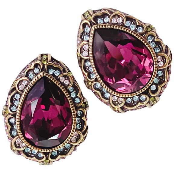 VTG Signed Heidi Daus Gold Tone Purple Rhinestone Clip On Earrings Collectible - Picture 1 of 11